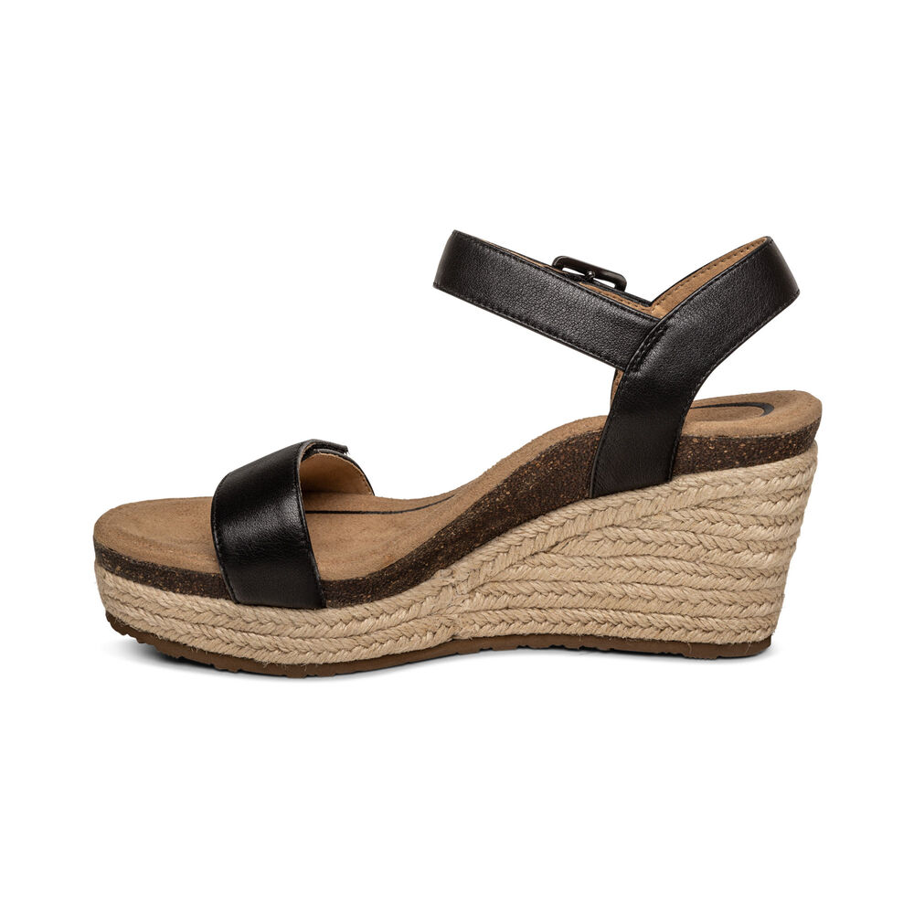 Aetrex Women's Sydney Quarter Strap Espadrille Wedge Sandals - Black | USA YTP32L7